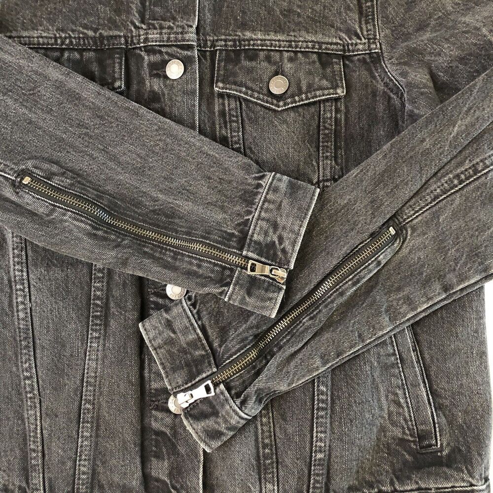 Gap 1969 Women’s Washed Black Jean Jacket Biker Style Cuff & Side Zip Large - Picture 8 of 16